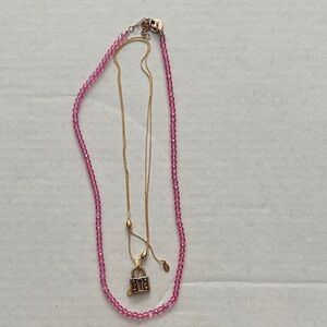Alex and Ani Gold Necklace with Pink Beads and Lock Pendant bundle of 2